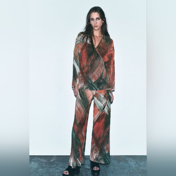 Cozy Abstract Printed Pleated Straight Wide-leg Pants By ZARA - Picture 3 of 14